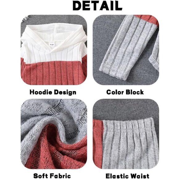 Toddler Kid Girls Clothes Ribbed Color Block Long Sleeve Hoodie Sweatsuit Set Fa - Picture 5 of 7